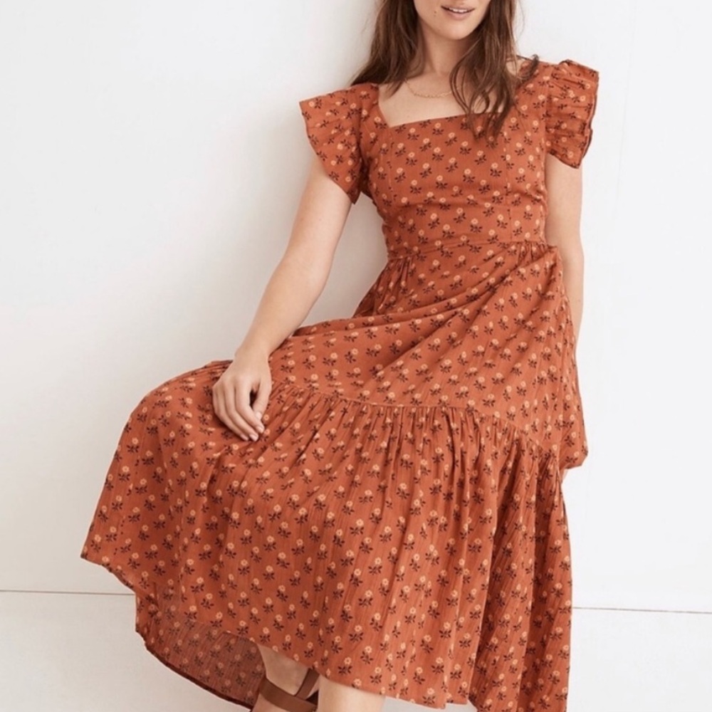 Madewell Floral Midi Dress with Square Neckline and Ruffle Sleeves